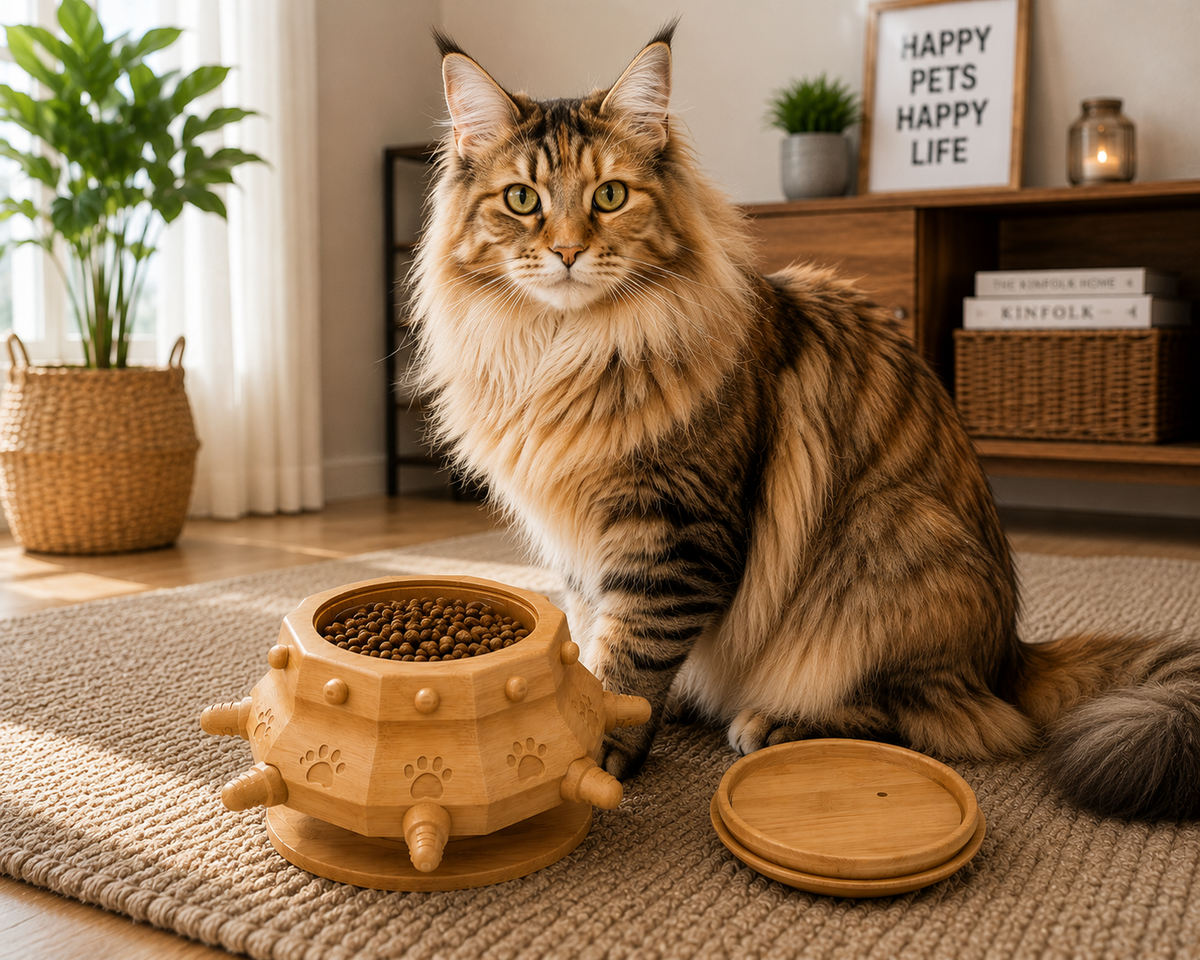 Wooden Slow Feeder Pet Bowl – Bamboo Interactive Feeding Bowl for Dogs and Cats with Rotating Base