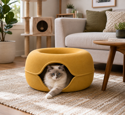 Round Covered Cat Bed – Soft Enclosed Pet Bed with Hooded Design for Cats and Small Pets