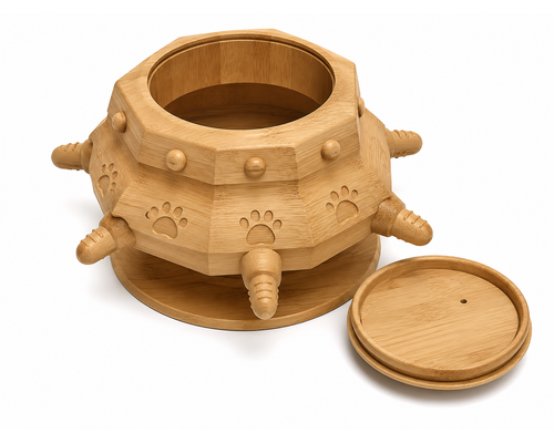 Wooden Slow Feeder Pet Bowl – Bamboo Interactive Feeding Bowl for Dogs and Cats with Rotating Base